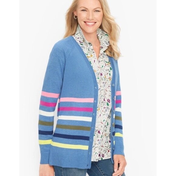 NWOT Talbots 2X Women’s Girlfriend Cardigan Colorful Stripe Button Up Sweater - Picture 1 of 10